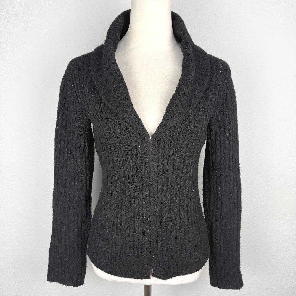 Y2K Express Metallic Black Mohair Wool Shawl Collar Hook Eye Cardigan Sweater M